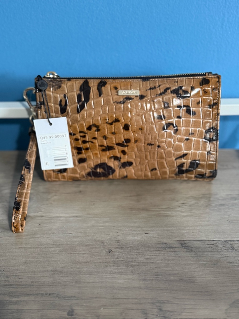 Brahmin Cognac Daisy Croc-Embossed Wristlet with Dark Brown Accents